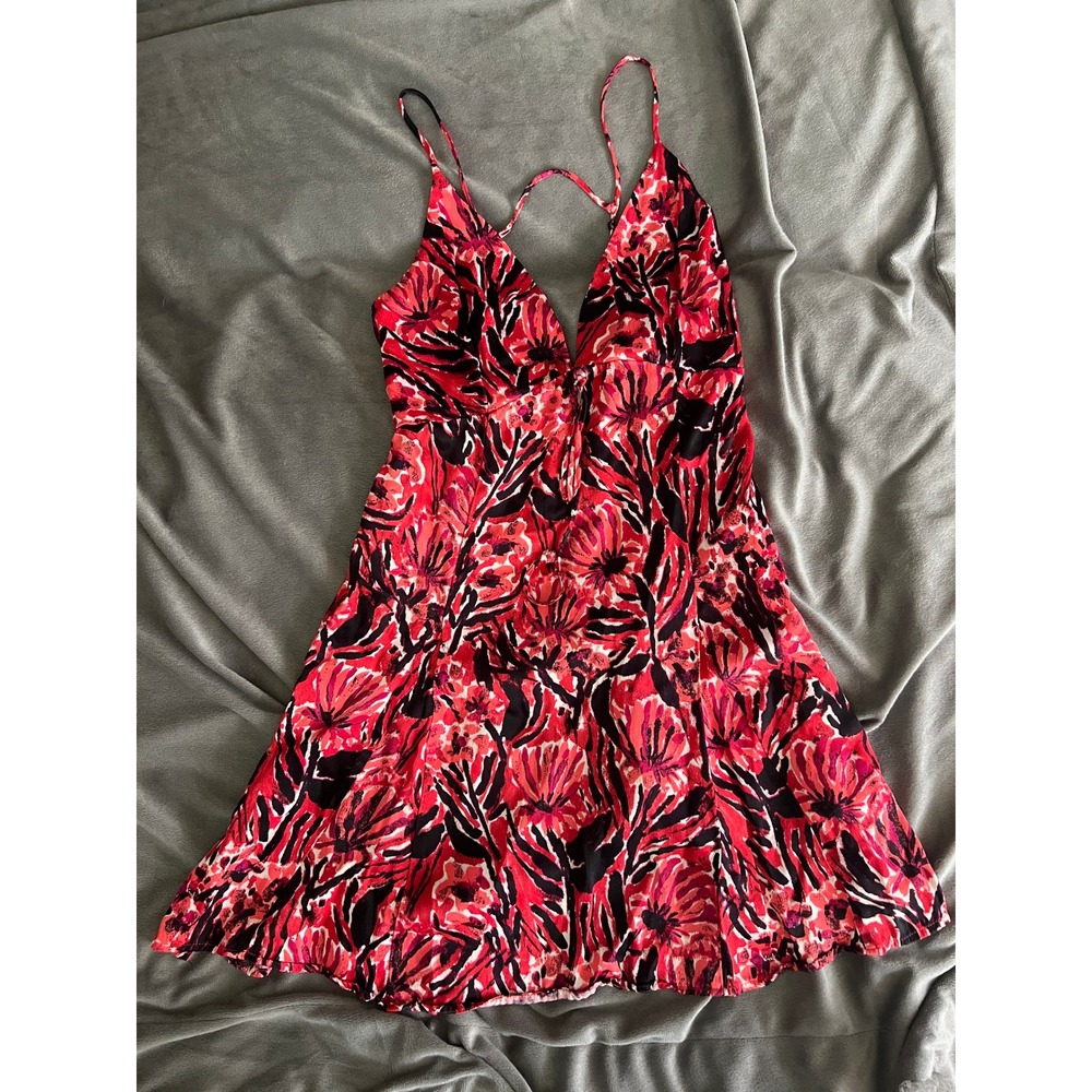 Free People Floral Mini Dress Red Pink Strappy Back V-Neck Size 2